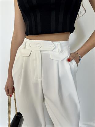 Beyaz Bol Paçalı Kumaş Pantolon