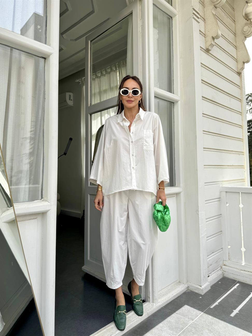 Beyaz Cep detay Coton İkili Takım