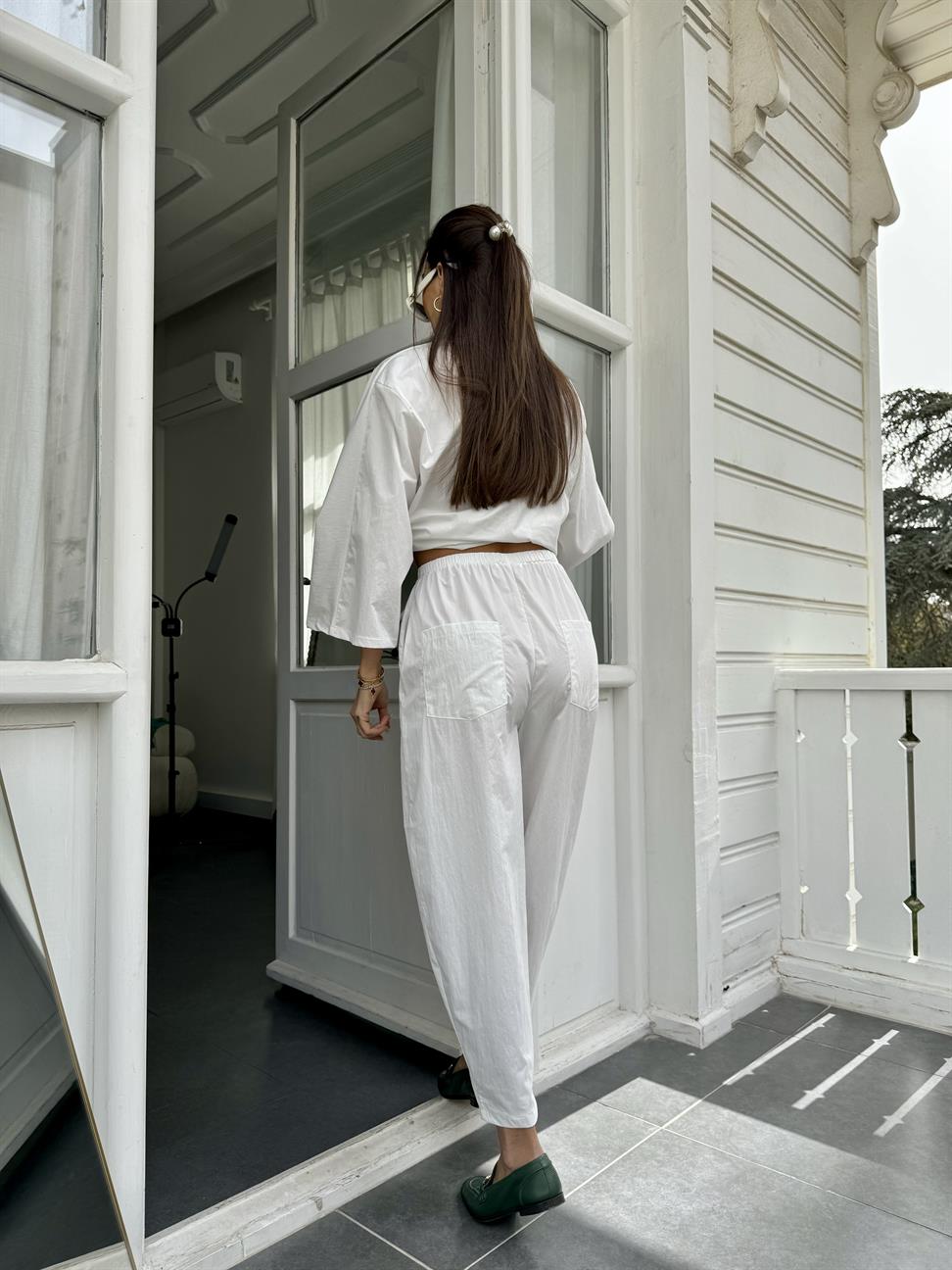 Beyaz Cep detay Coton İkili Takım