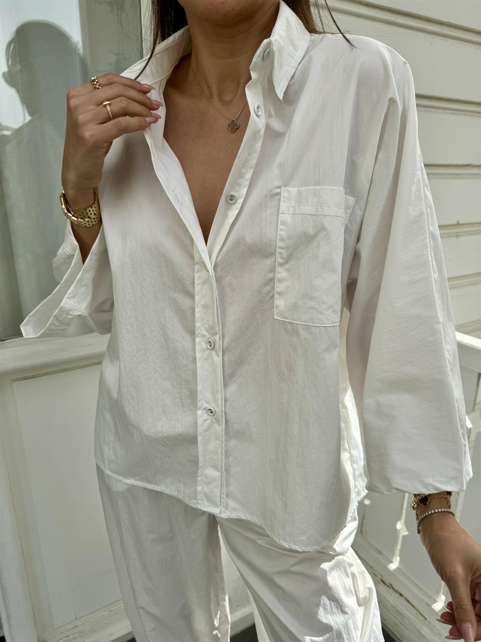 Beyaz Cep detay Coton İkili Takım