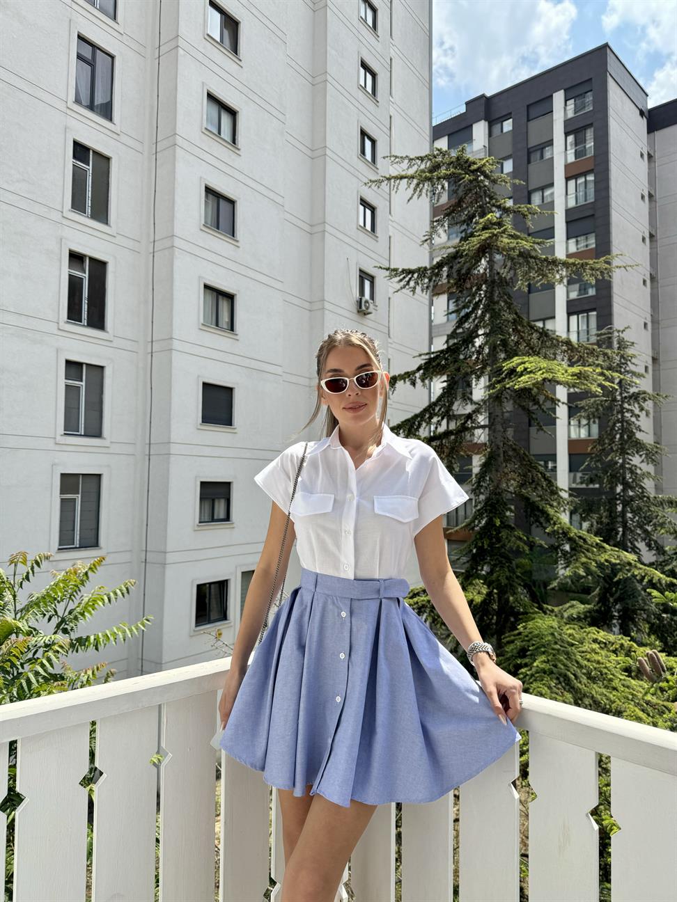 Beyaz Coton Mini Gömlek Elbise