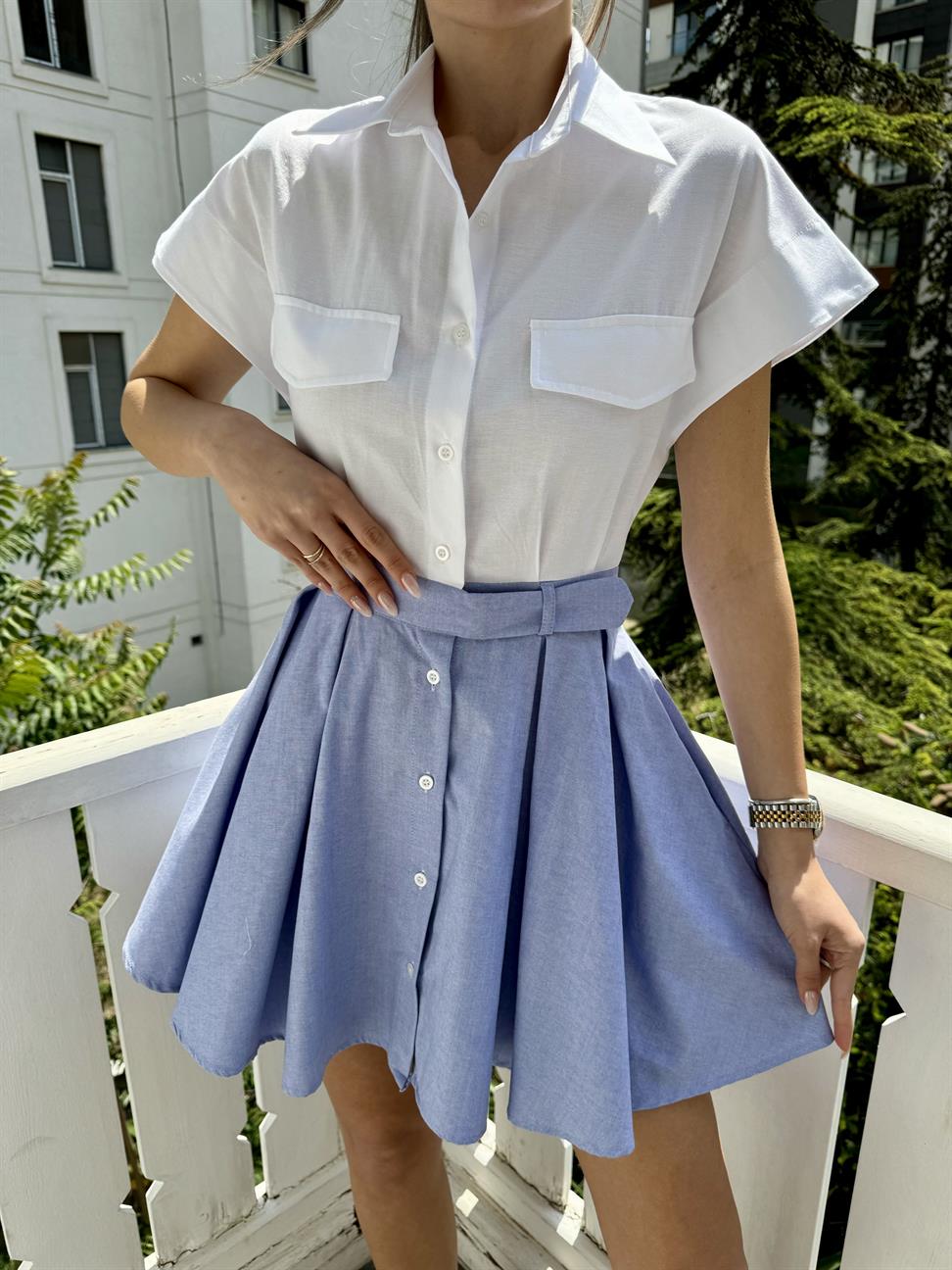 Beyaz Coton Mini Gömlek Elbise