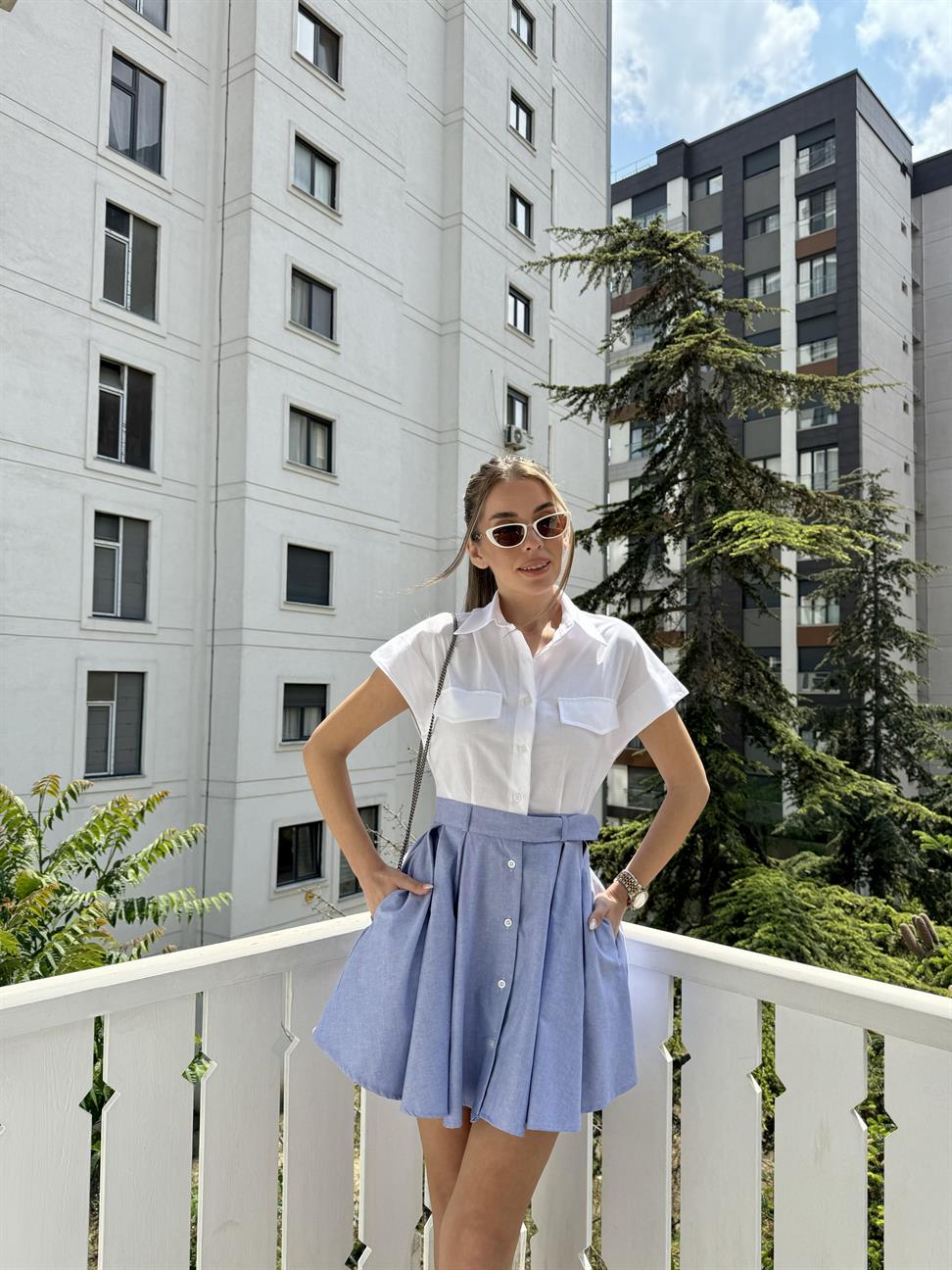 Beyaz Coton Mini Gömlek Elbise