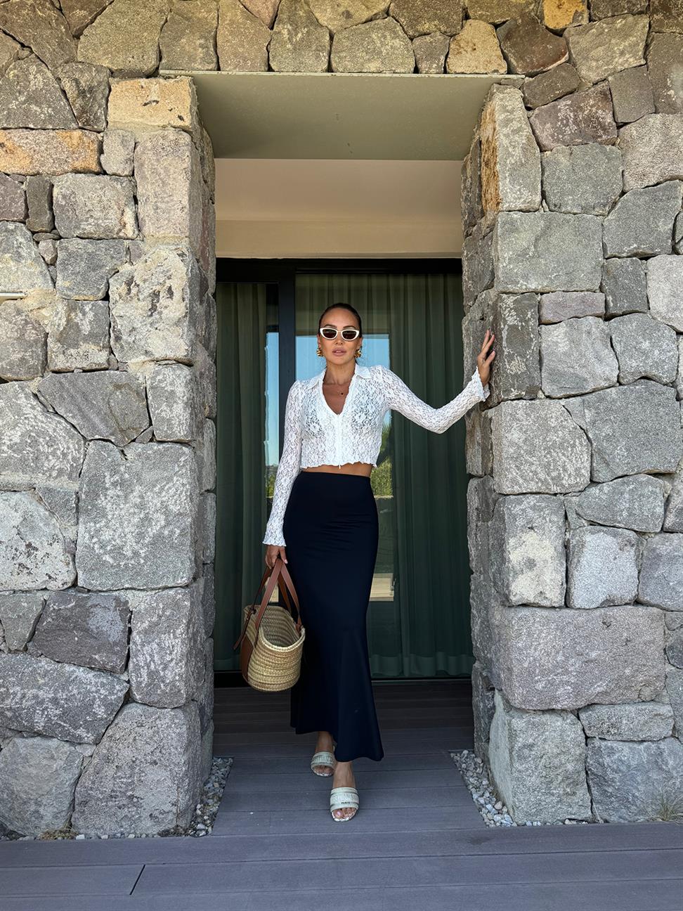 Beyaz Dantel Fermuarlı Bluz