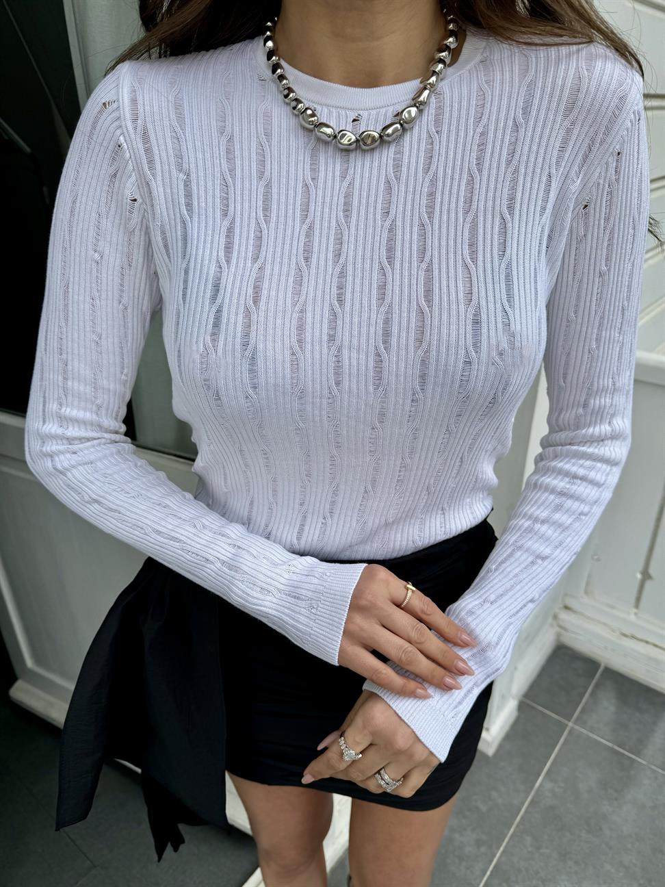 Beyaz Desenli Merserize Triko