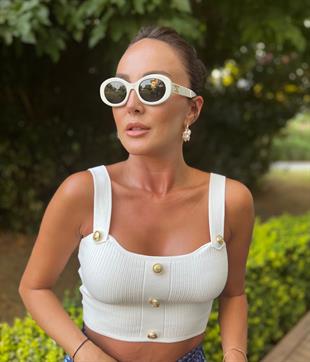 Beyaz Düğmeli Crop Bluz