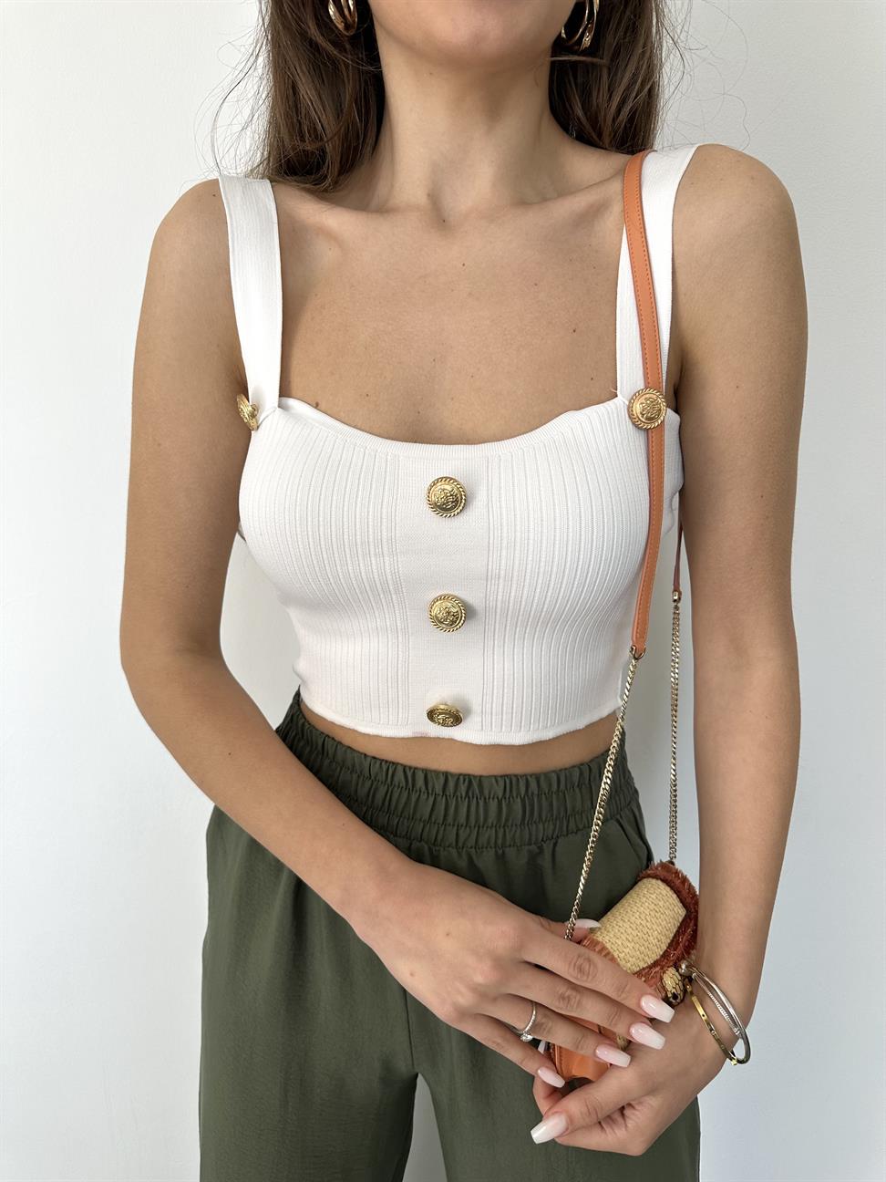 Beyaz Düğmeli Crop Bluz
