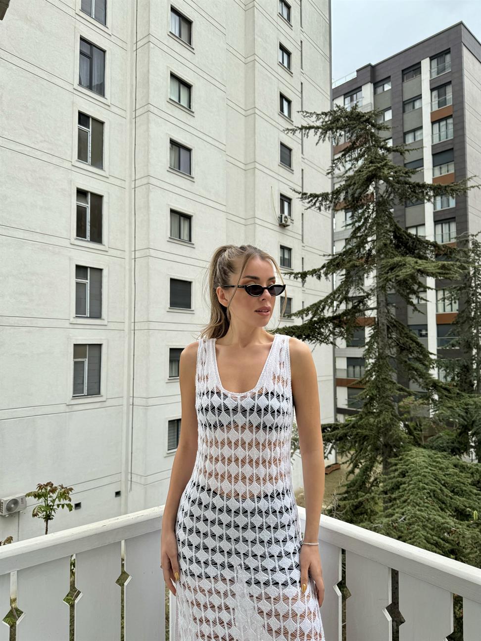 Beyaz File Plaj Elbisesi