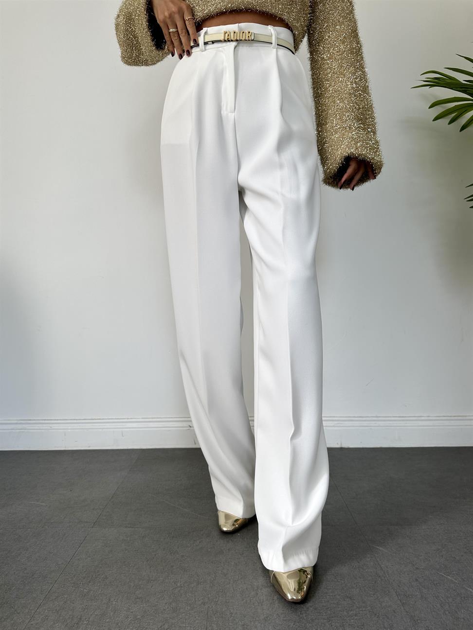 Beyaz Geniş Paça Kadın Kumaş Pantolon