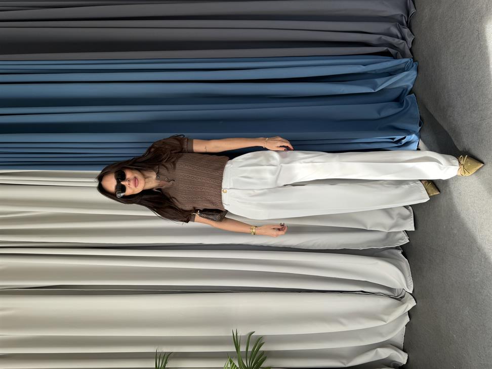 Beyaz Gold Düğmeli Beli Lastikli Palazzo Pantolon