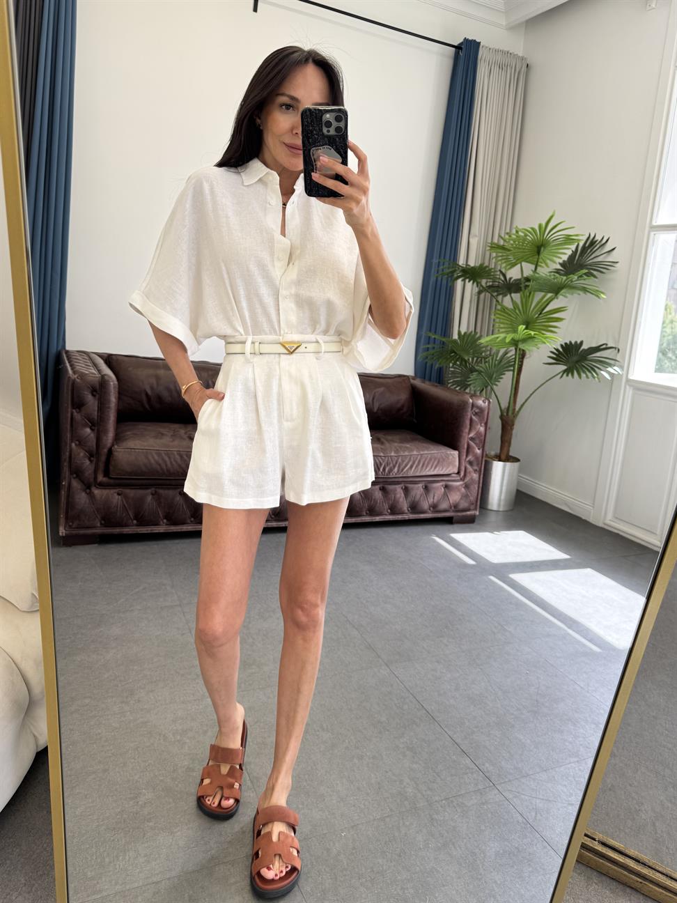 Beyaz Hasır Kemerli Gömlek Şort Takım