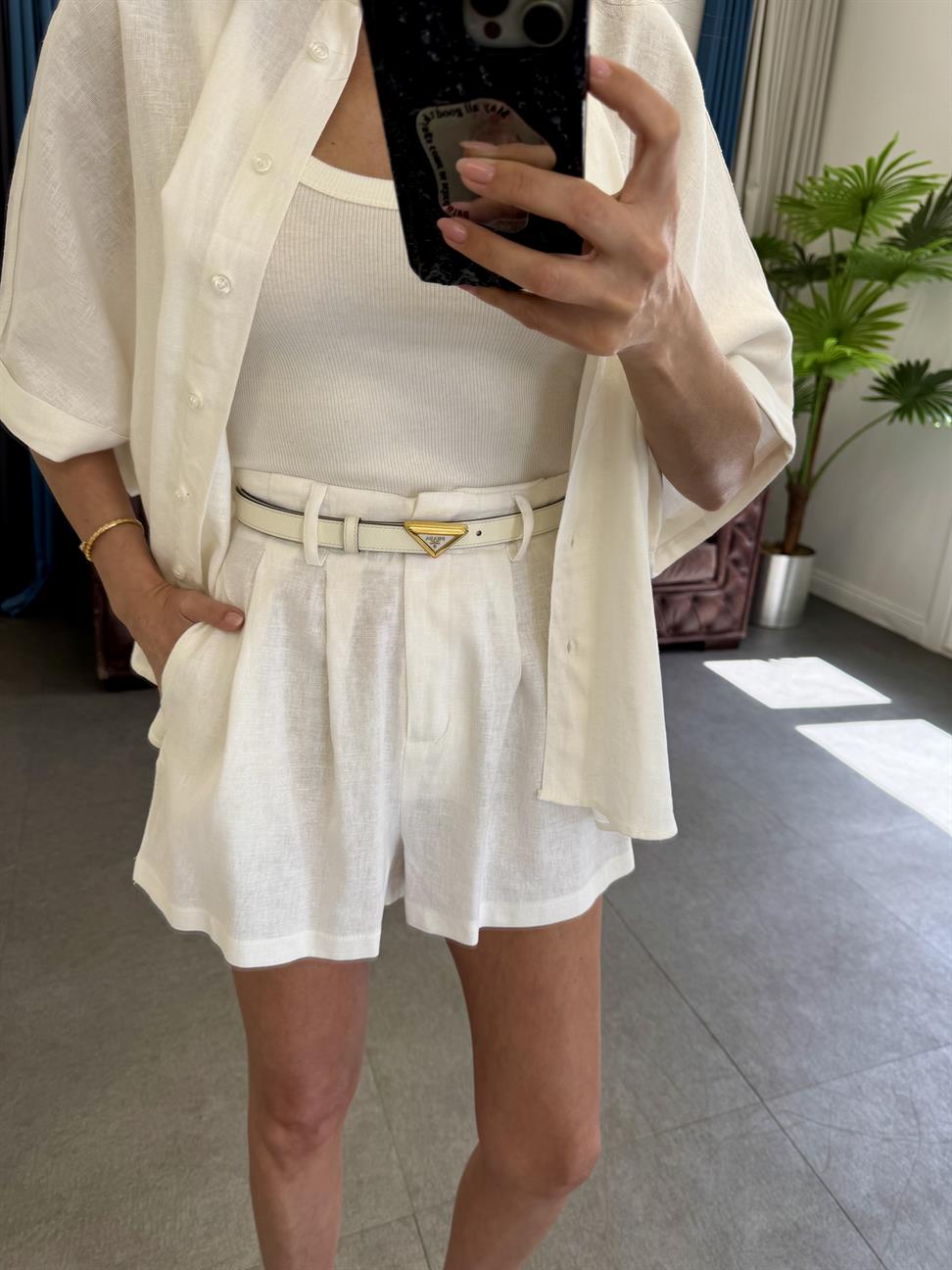 Beyaz Hasır Kemerli Gömlek Şort Takım