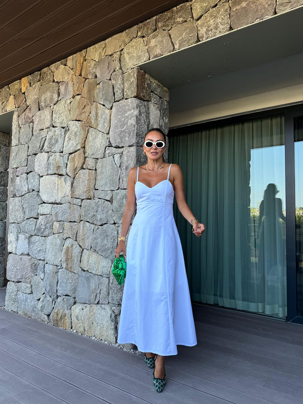 Beyaz İp Askılı Volanlı  Uzun Elbise