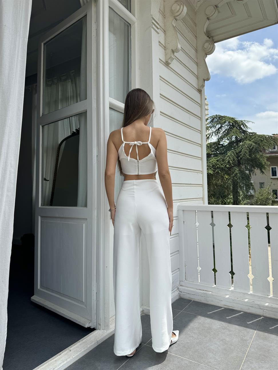 Beyaz İp Crop Pantolon Takım