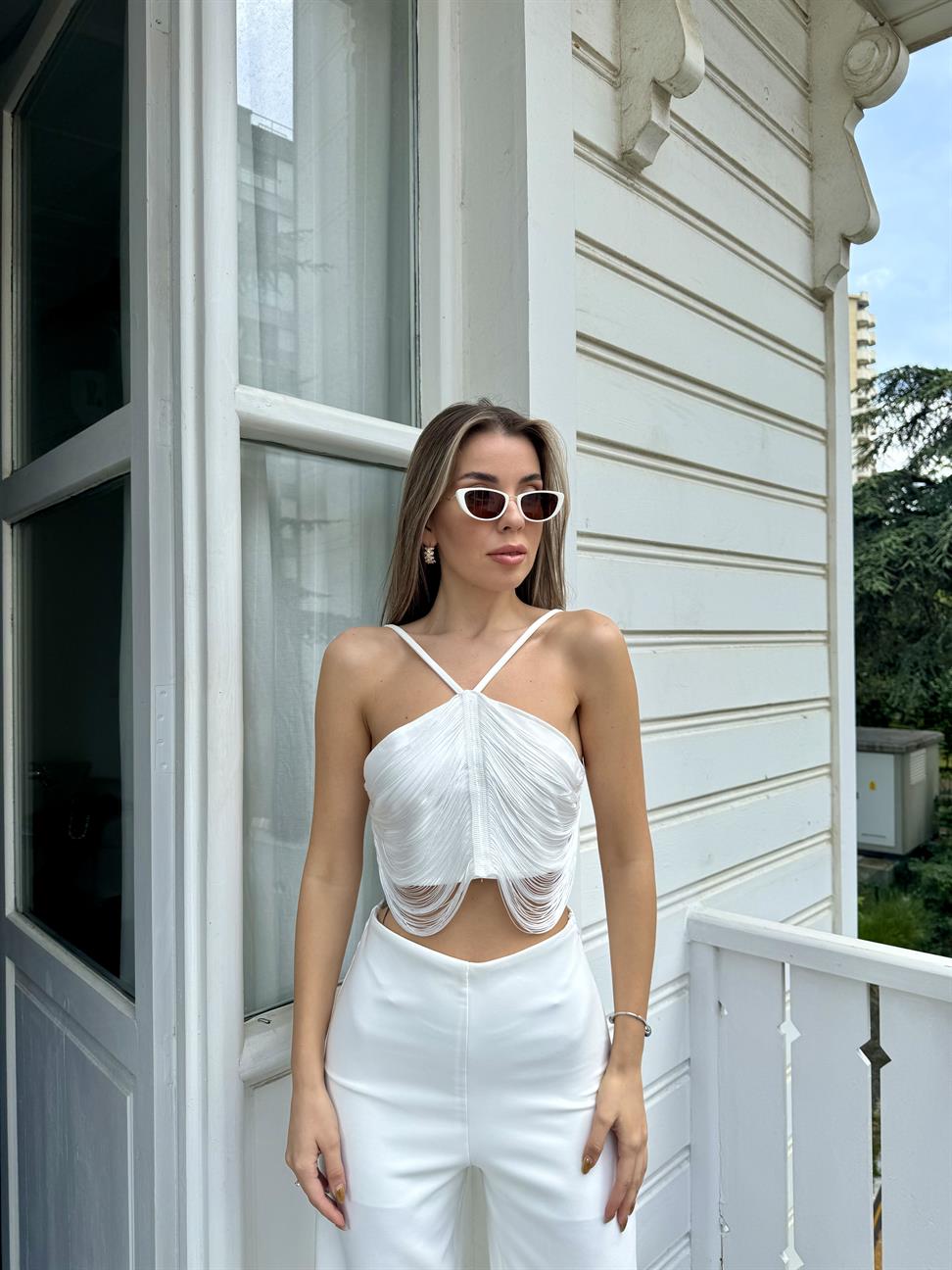 Beyaz İp Crop Pantolon Takım