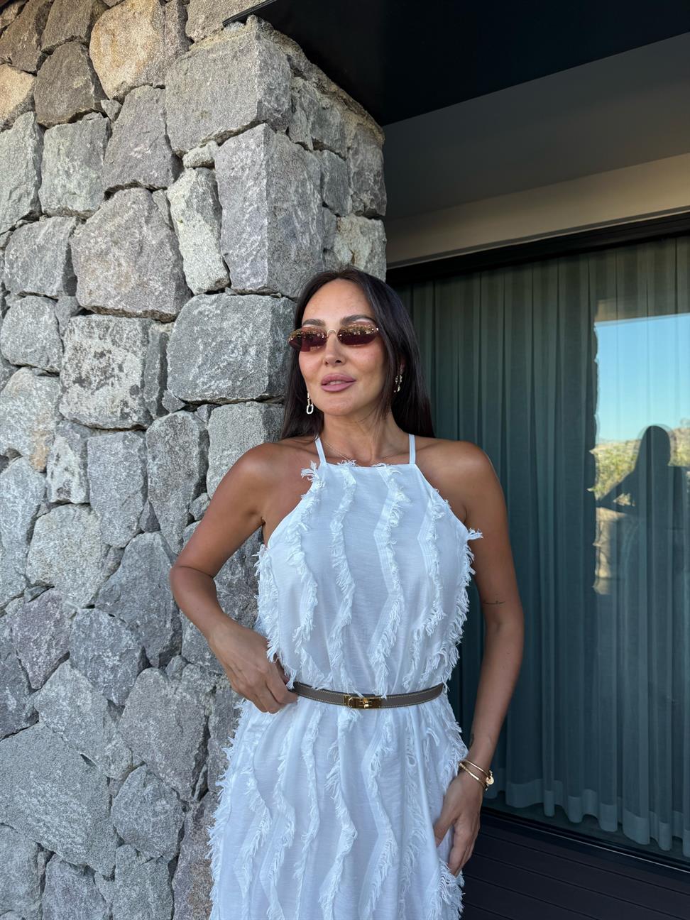 Beyaz Jakarlı Elbise