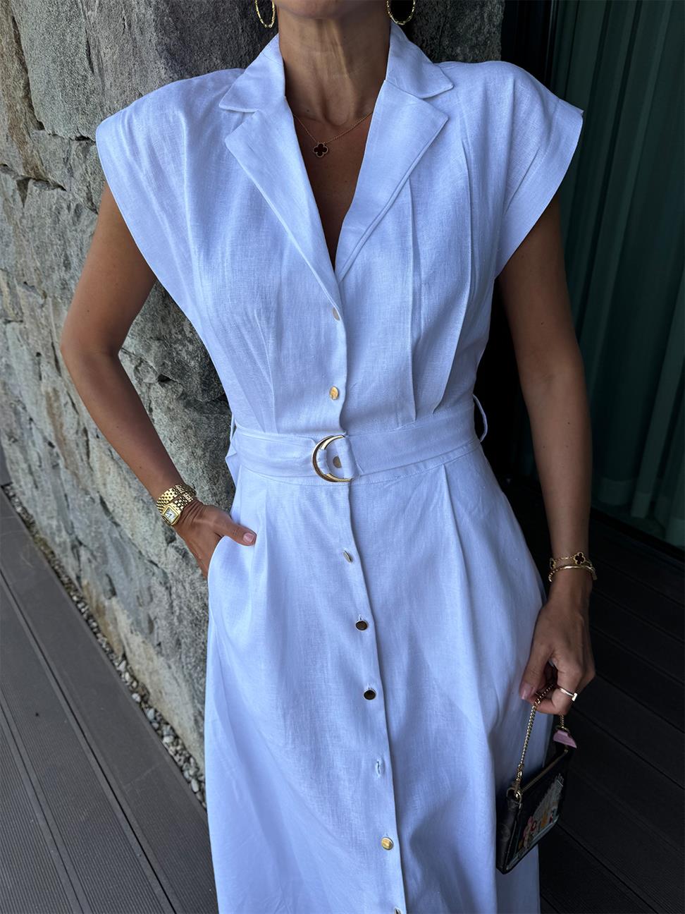 Beyaz Keten Kemerli Elbise