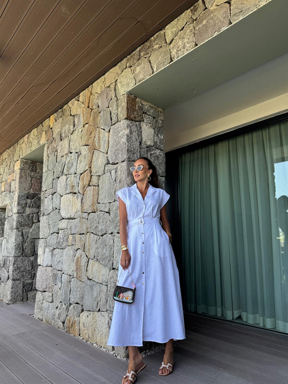 Beyaz Keten Kemerli Elbise