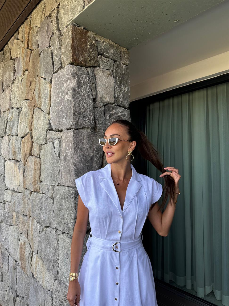 Beyaz Keten Kemerli Elbise