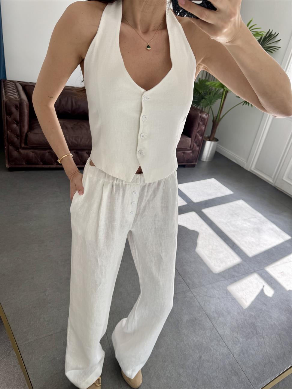 Beyaz Keten Kumaş Pantolon