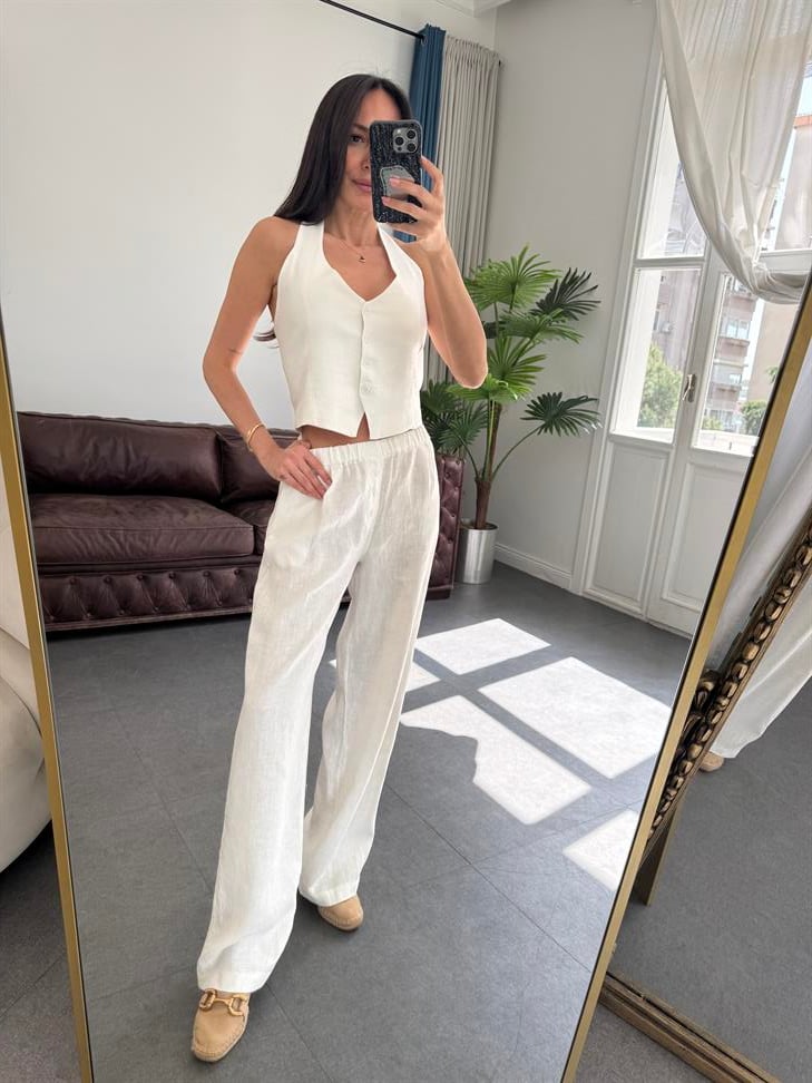 Beyaz Keten Kumaş Pantolon