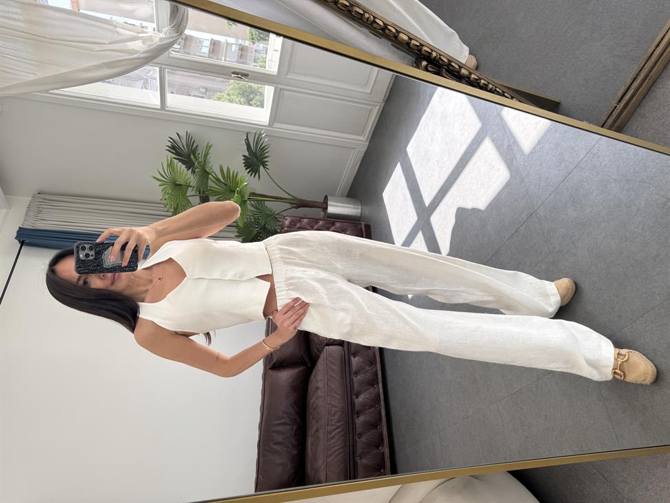 Beyaz Keten Kumaş Pantolon