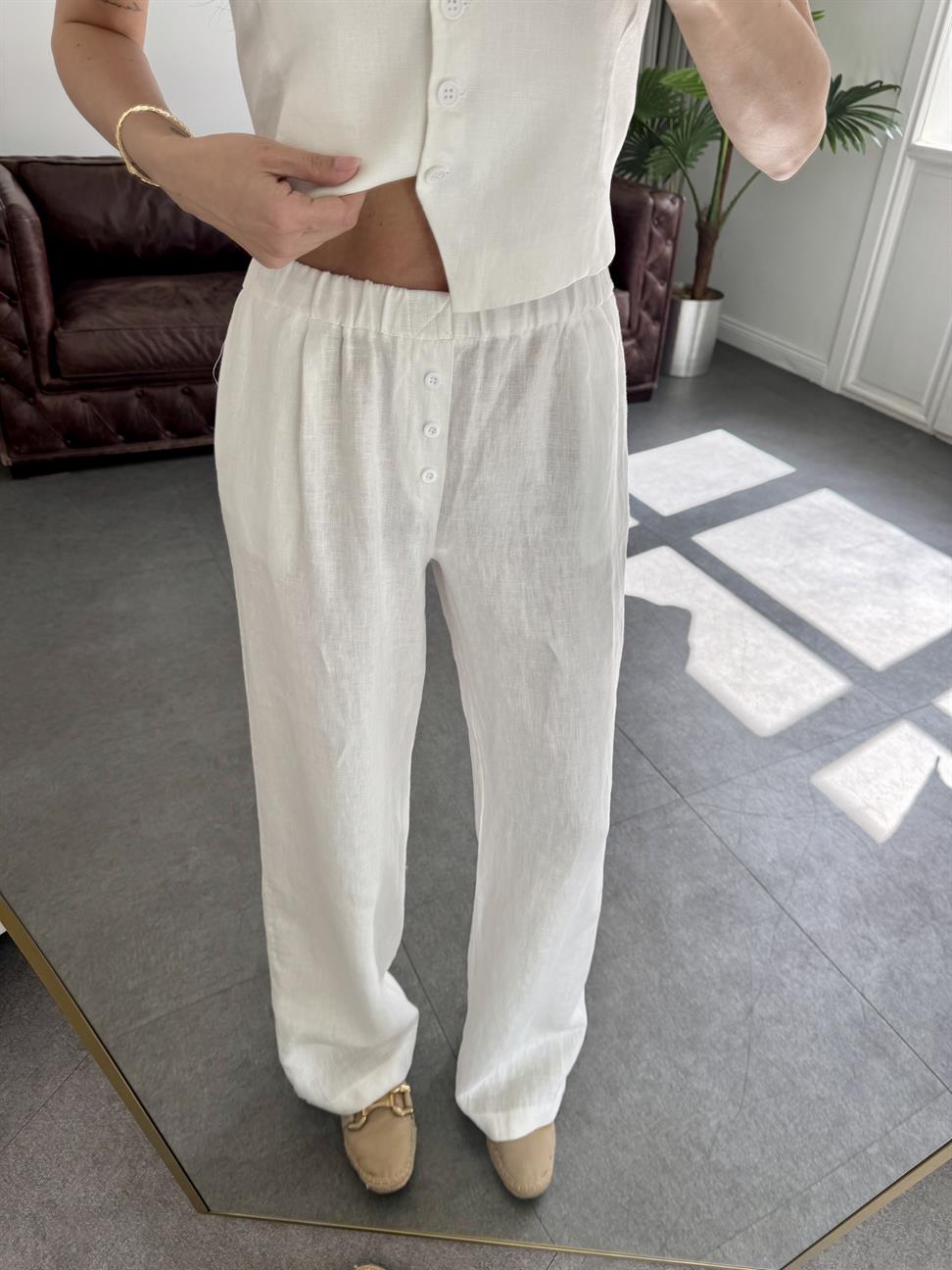 Beyaz Keten Kumaş Pantolon