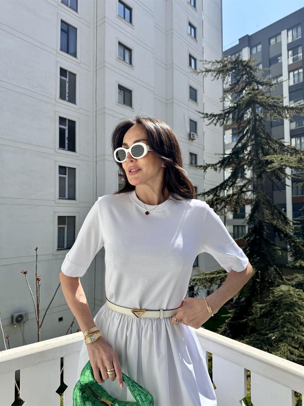 Beyaz Kısa Kollu Poplin Midi Elbise