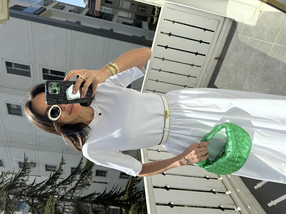 Beyaz Kısa Kollu Poplin Midi Elbise