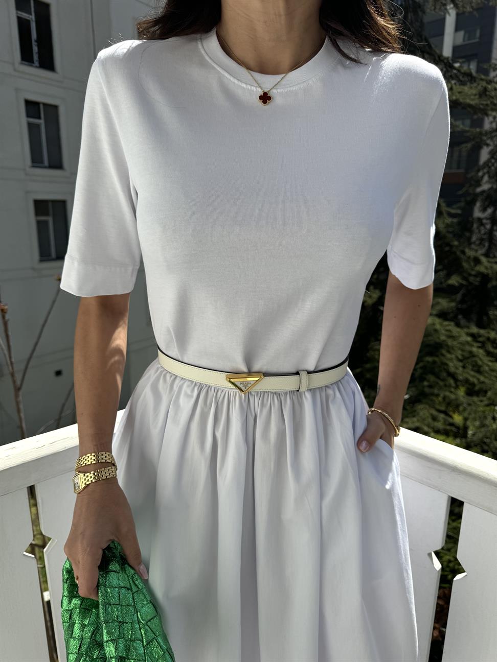 Beyaz Kısa Kollu Poplin Midi Elbise