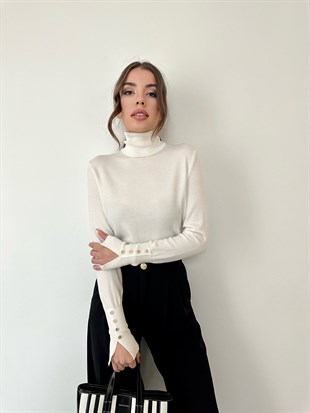 Beyaz Kolları Çıtçıtlı Balıkçı Yaka Kazak