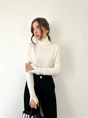 Beyaz Kolları Çıtçıtlı Balıkçı Yaka Kazak