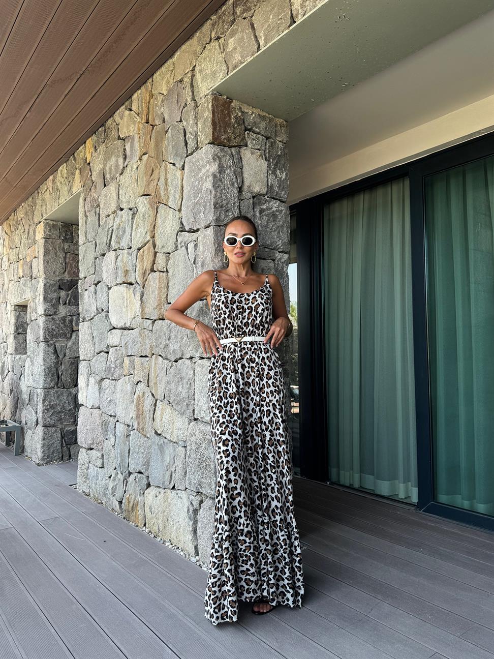 Beyaz Leopar Volanlı Maxi Boy Elbise