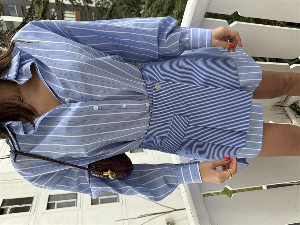 Beyaz-Mavi Çizgili Etekli Gömlek Elbise