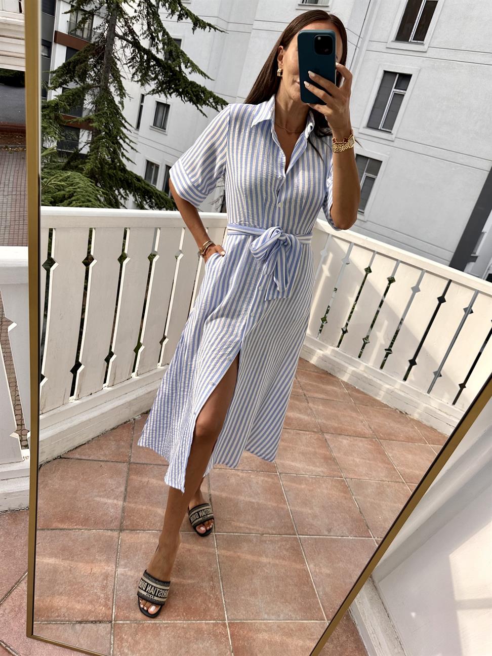 Beyaz-Mavi Kuşaklı Gömlek Kadın Elbise