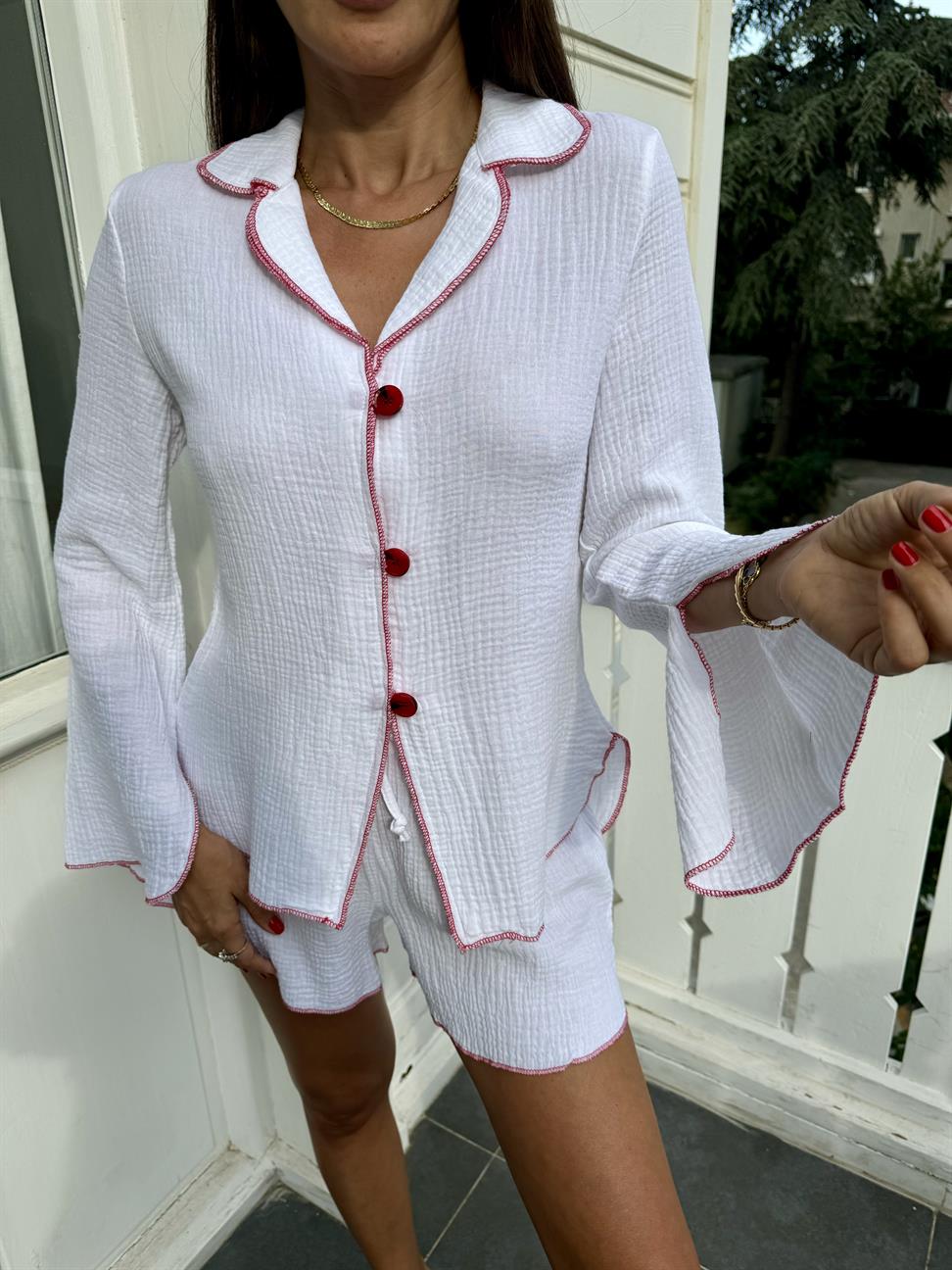 Beyaz Müslin Biyeli Şort Takım