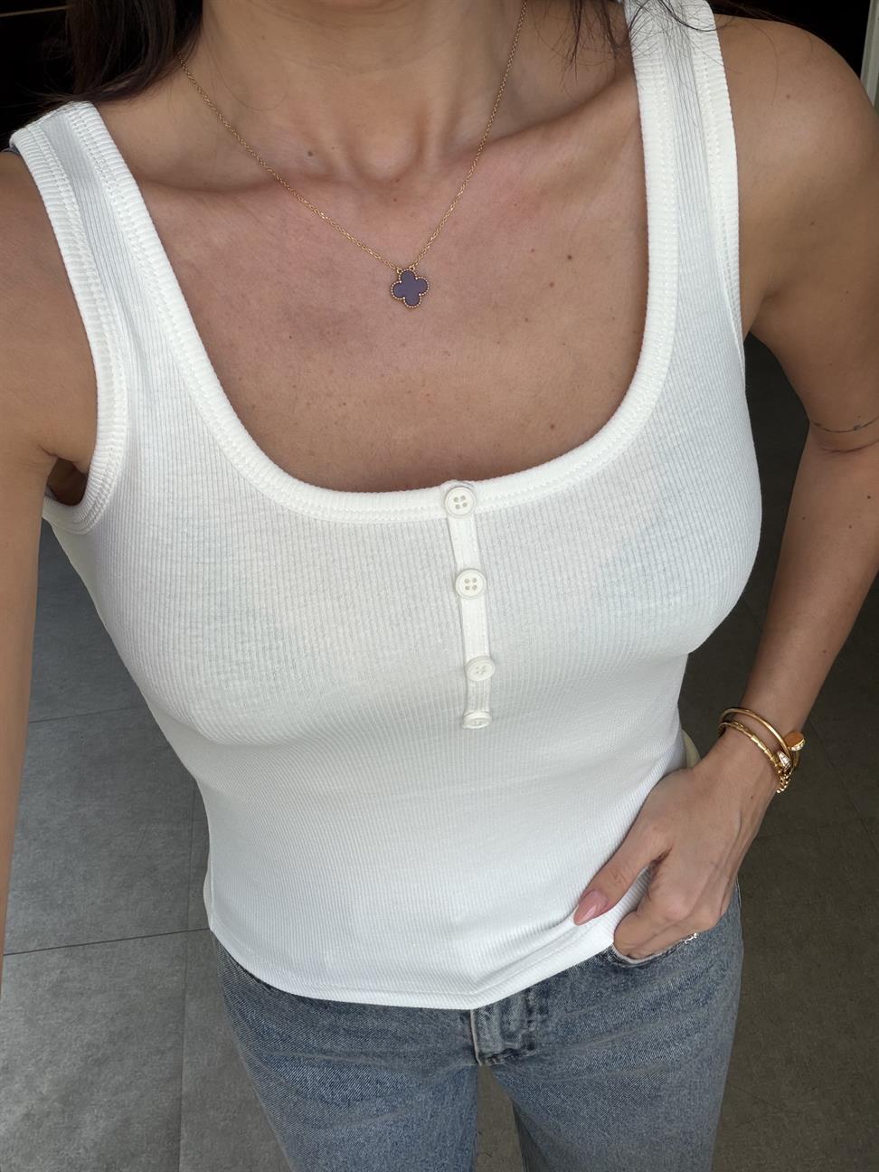 Beyaz Önden Düğmeli Atlet Bluz
