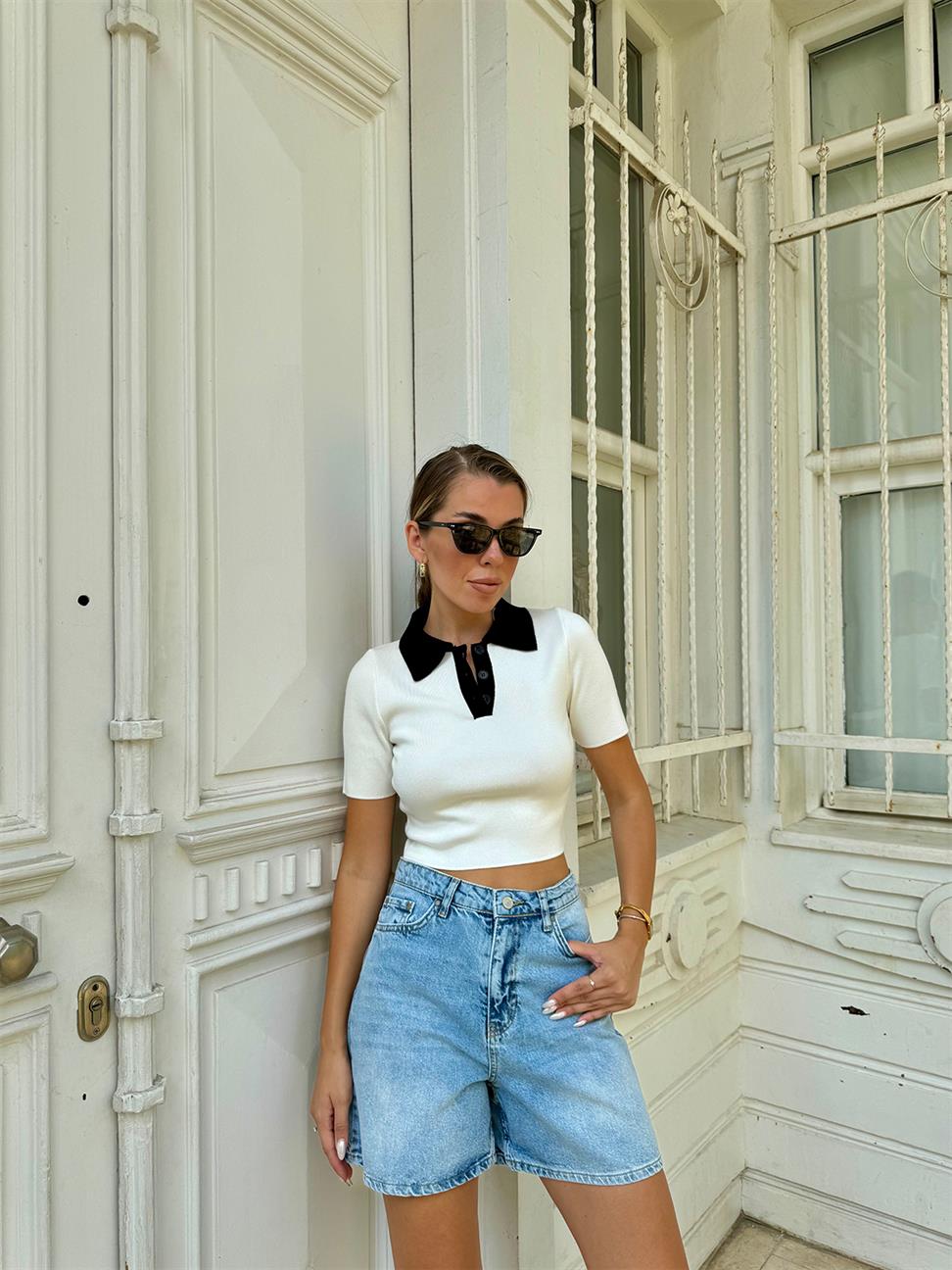 Beyaz Polo Yaka Triko Bluz