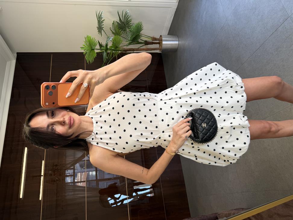 Beyaz Puantiyeli Mini Balon Elbise