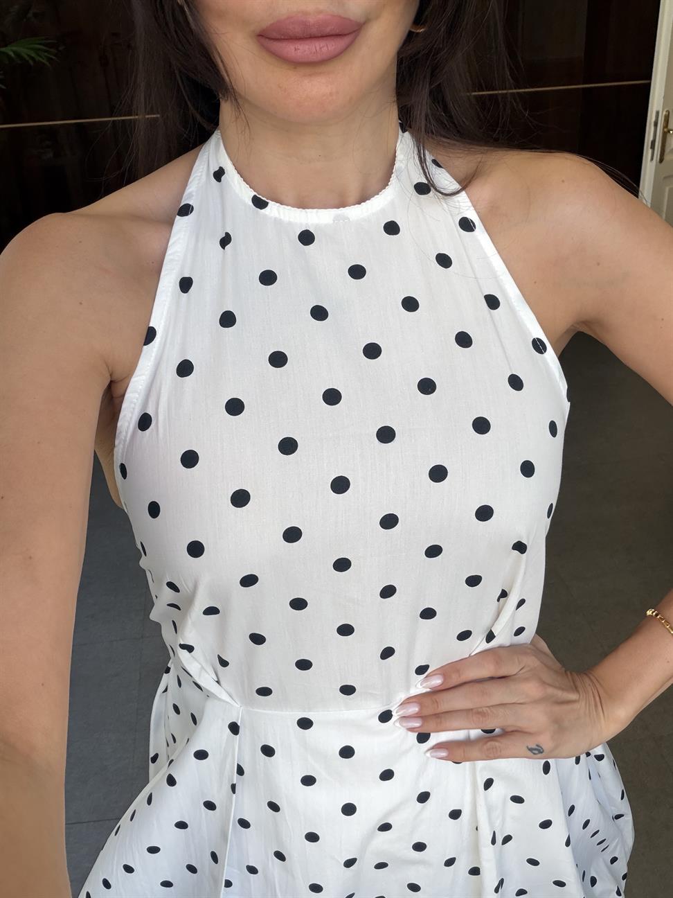 Beyaz Puantiyeli Mini Balon Elbise