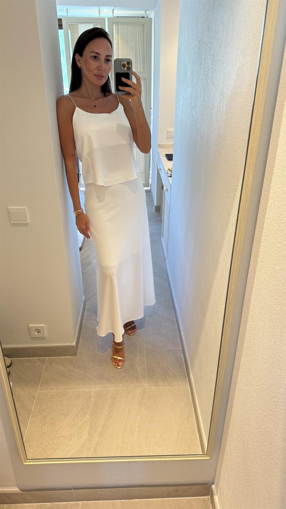 Beyaz Saten Etek Bluz İkili Takım