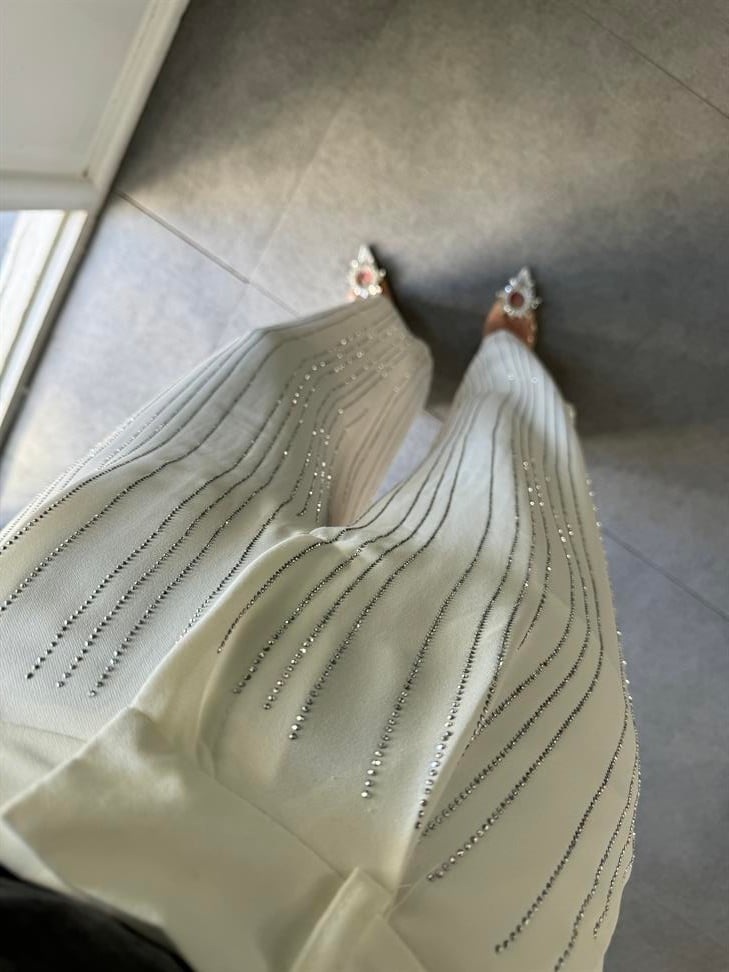 Beyaz Taş İşleme Palazzo Pantolon