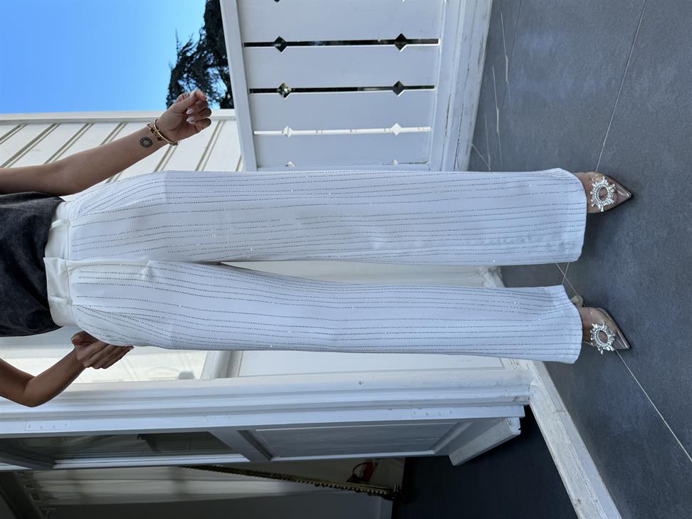 Beyaz Taş İşleme Palazzo Pantolon