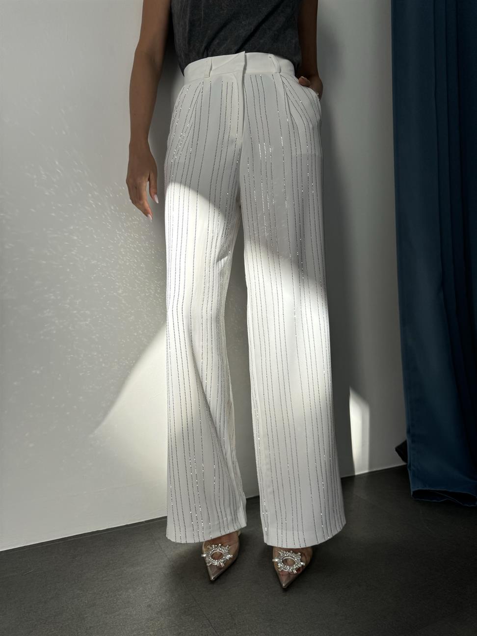 Beyaz Taş İşleme Palazzo Pantolon