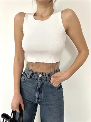 Beyaz Triko Crop Kolsuz  Bluz