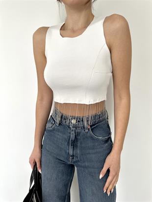 Beyaz Triko Crop Kolsuz  Bluz