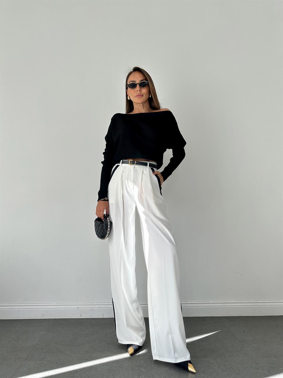 Beyaz Yanları Şerit Detay Palazzo