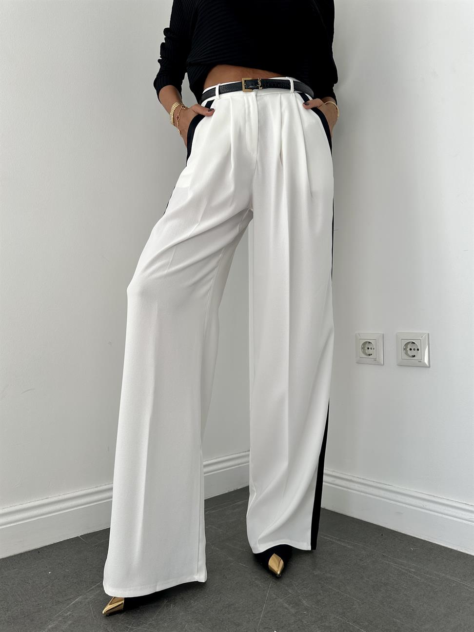 Beyaz Yanları Şerit Detay Palazzo