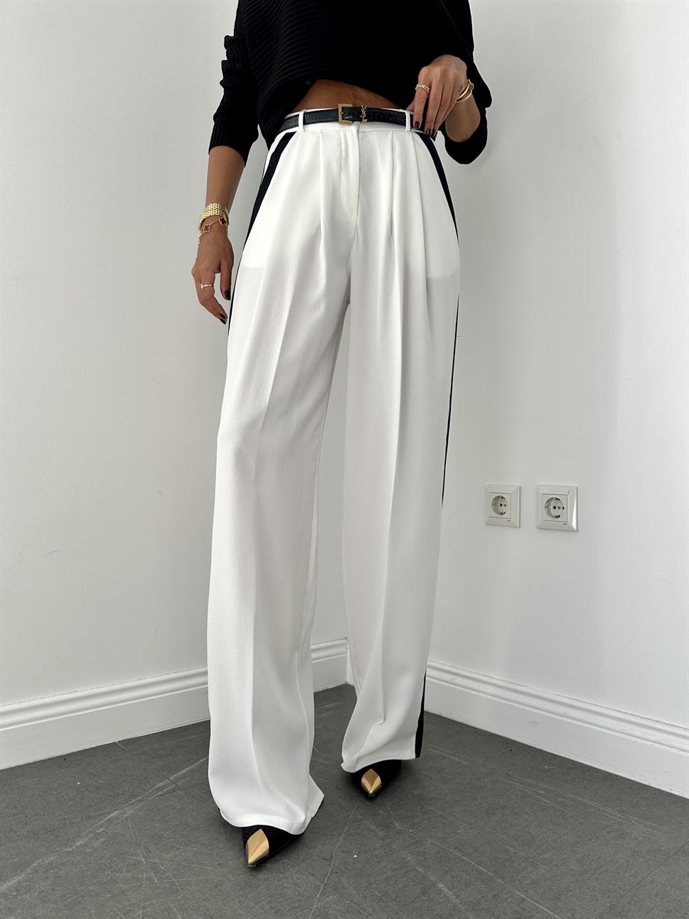 Beyaz Yanları Şerit Detay Palazzo