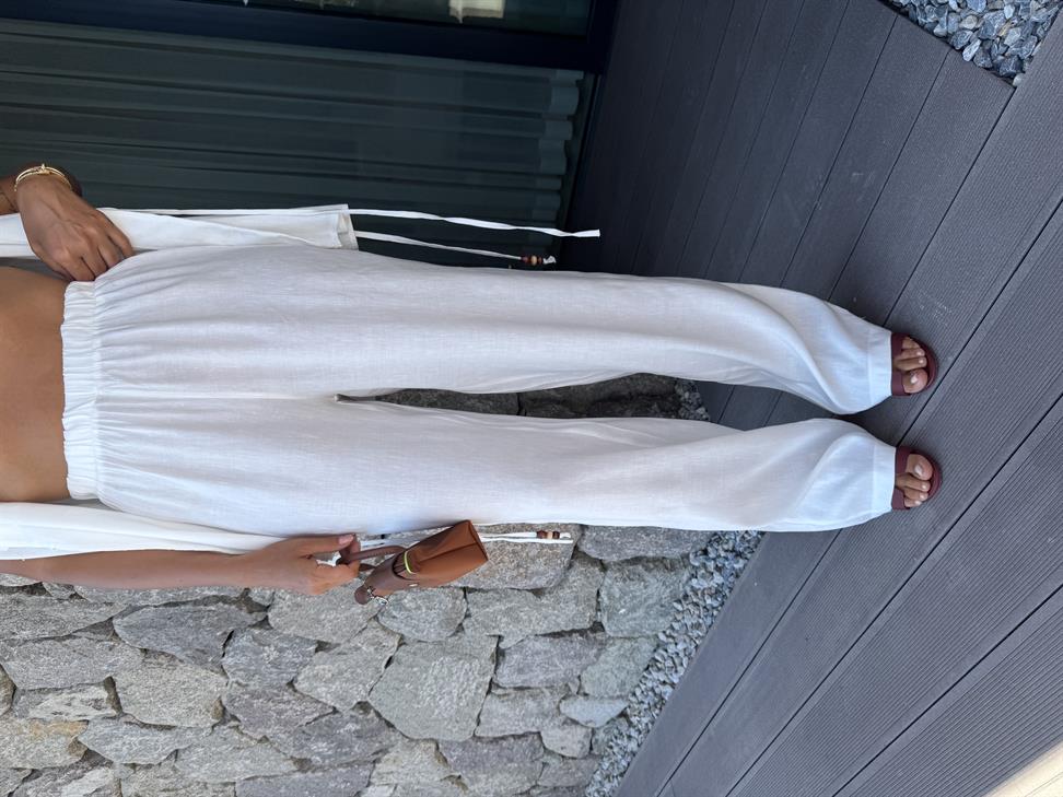 Beyaz Keten Yelek Pantolon Kadın Takım